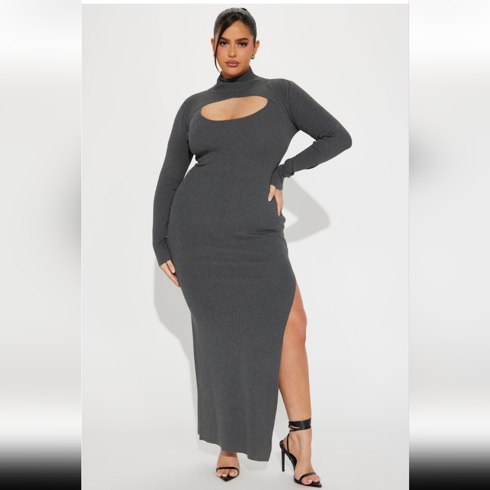 Gray Asymmetrical Neck Long Sleeve Bodycon Dress